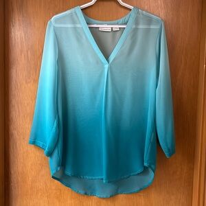 Liz Claiborne ombré sheer blouse 3/4 sleeve teal aqua blue